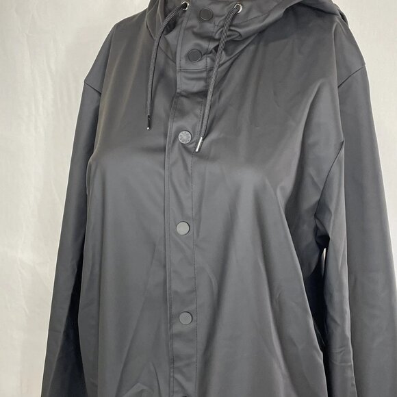 Rains Women's Rain Jacket Black Size S Long Hooded Button Front Waterproof - Picture 4 of 8